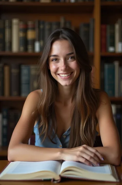 High quality, high resolution, best composition, One French woman, historic library, sitting at table, looking straight ahead, smiling, young beautiful woman, student, studying, long hair, straight hair, very detailed eyes, very detailed eyebrows, very det...