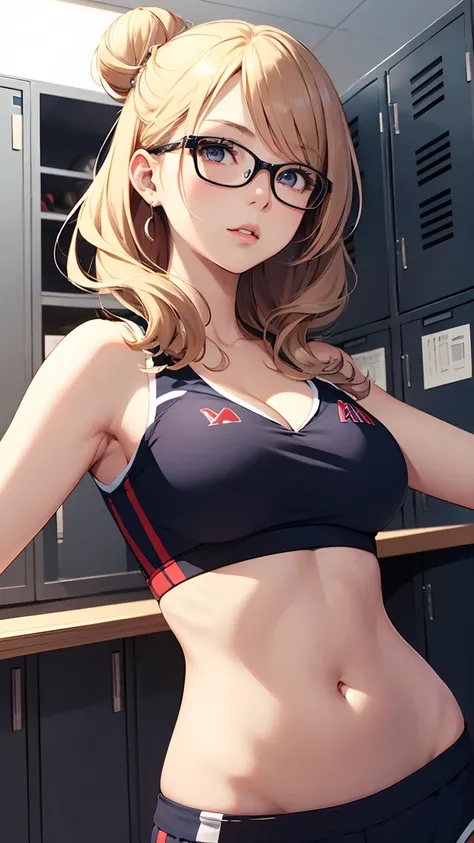 1girl, solo, masterpiece, best quality, high res, highly detailed, (illustration), beautiful detailed eyes, yuigahama yui, single hair bun, glossy lips, light makeup, standing, cheerleader, cleavage, midriff, locker room, glasses