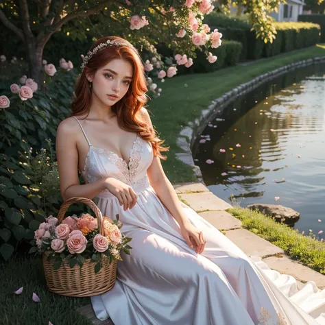 (​masterpiece, best quality:1.5), highest quality, High resolution, super detailed, Realists, Upper body photo of an 18 year old red-haired flower girl, detailed and beautiful eyes, beautiful detailed lips, very detailed eyes and face, longeyelashes, 18 ye...