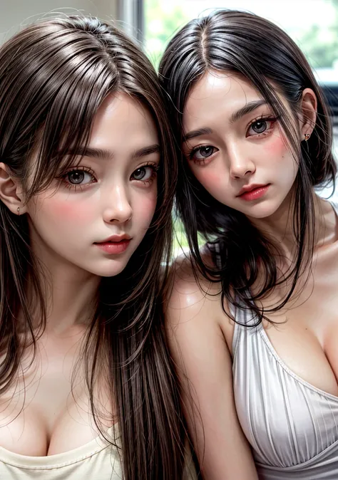 Two Girls. Selfie pose. Looking at the camera. Different faces, different styles.