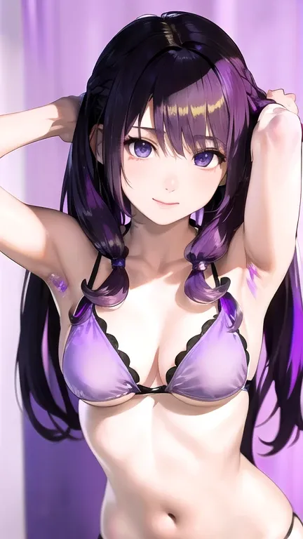 Hatsune Miku,The bikini area is small,sexly,Bikini white,The body is thin,Small breasts,Age 25,Beautiful whole body style,(masterpiece, Highest quality, Beautiful quality),(Hair color is light purple:2.0),Sexy body,Beautiful eyes drawn in detail,