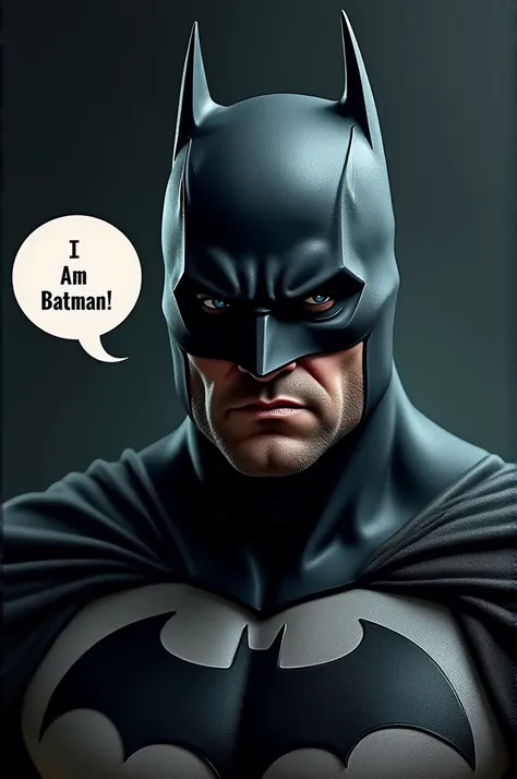 a highly detailed portrait of batman, a muscular man with a stern expression, wearing a black cowl and cape, speech bubble with text "I am Batman", detailed facial features, realistic textures, intricate costume details, dynamic lighting, cinematic composi...