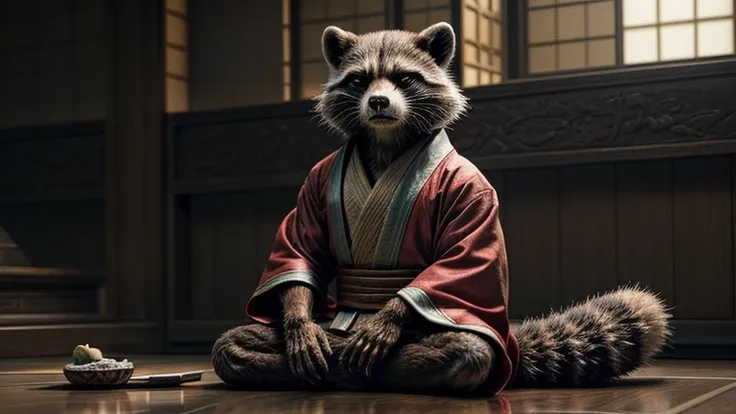 mcu, rocket raccoon, raccoon, male, skinny, buldge, detailed fur, red kimono, japan, exquisite katana long, gloomy light, pensiv...