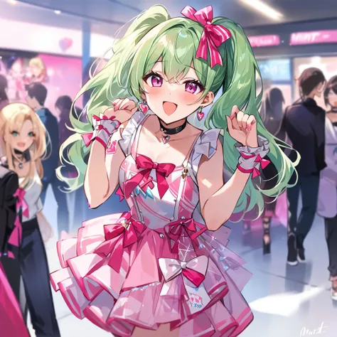 Top quality, masterpiece,a girl and a female,
, Mint hair, hot pink eyes, hot pink idol dress, opened mouth, happy, fashion, Long hair, ponytails,mint earrings,( choker, ribbon,:1.4)