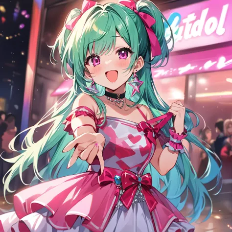 Top quality, masterpiece,a girl and a female,
, Mint hair, hot pink eyes, hot pink idol dress, opened mouth, happy, fashion, Long hair, ponytails,mint earrings,( choker, ribbon,:1.4)