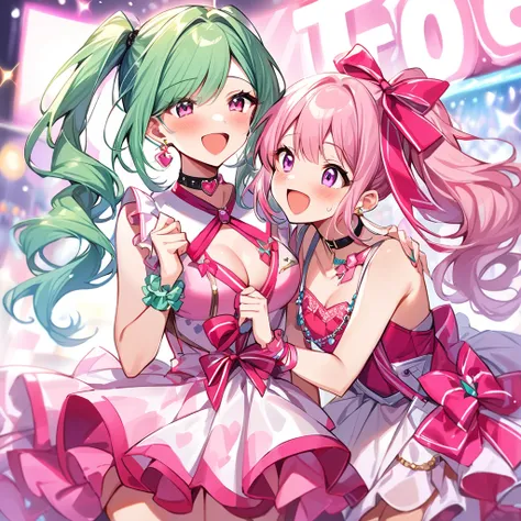 Top quality, masterpiece,a girl and a female,
, Mint hair, hot pink eyes, hot pink idol dress, opened mouth, happy, fashion, Long hair, ponytails,mint earrings,( choker, ribbon,:1.4)