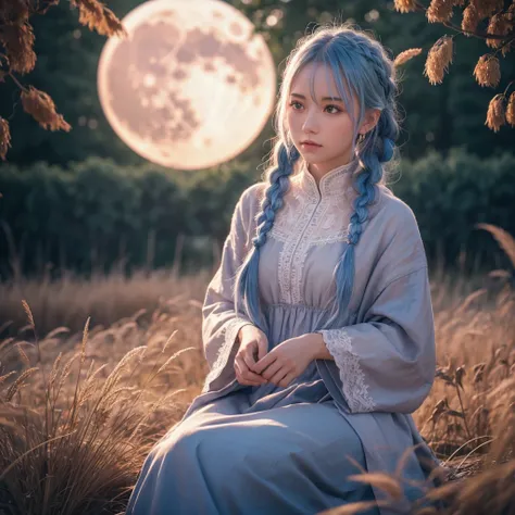 Sky blue hair, (Braided medium hair), (Pink eyes),Fair skin)  ,(whole body),(One Girl),(harvest moon),(A large amount of Miscanthus sinensis in the background),(full moon),(masterpiece, Highest quality, Very detailed, Best Shadow), (Detailed Background), (...