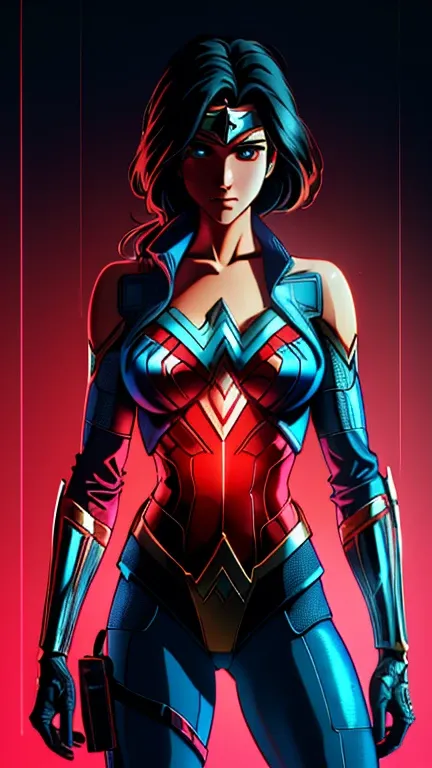 (1girl, Wonder Woman), (extremely detailed CG unit 8k wallpaper),(master part), (best quality), (ultra detail), (best illustration),(1990s (style), retro artstyle), cowboy shot, (Sharp eyeliner, ombre, detail eyes:1), dark neon light cyberpunk interiors ba...