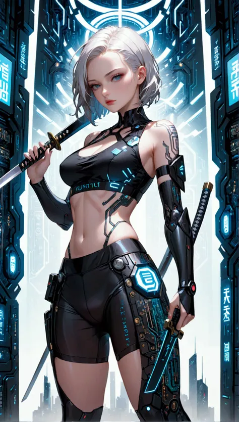 a futurist female warrior holding a katana, (finely detailed skin), pale skin, (in a deep neckline highly detailed sexy futurist cyberpunk black crop top and underpants made of circuit boards, Japanese words with reflection effect, beautiful epic compositi...