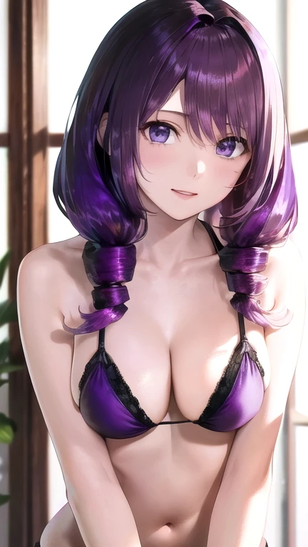 The bikini area is small,sexly,Bikini white,The body is thin,Small breasts,Age 25,Beautiful whole body style,Hatsune Miku,(masterpiece, Highest quality, Beautiful quality),(Hair color is light purple:2.0),Sexy body,Beautiful eyes drawn in detail