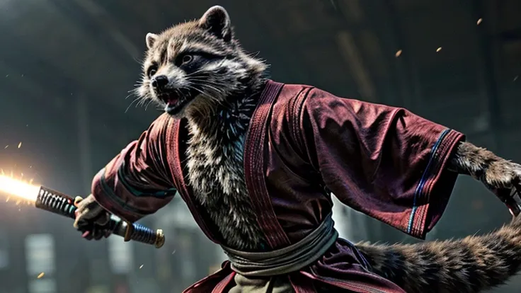 mcu, rocket raccoon, raccoon, male, skinny, buldge, detailed fur, red kimono, japan, prop poses exquisite katana long, gloomy li...