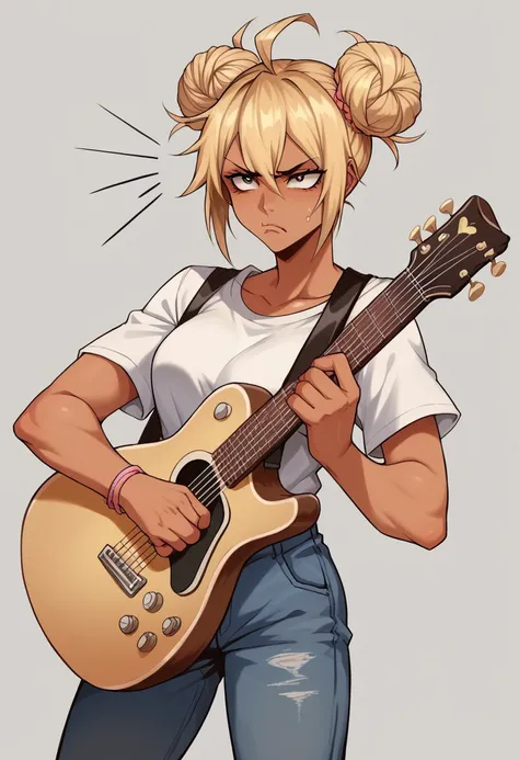 sfw, a baddass gyaru woman with twin bun hair, bleached blonde hair, tan olive skin, pale lips, annoyed expression, frustrated e...