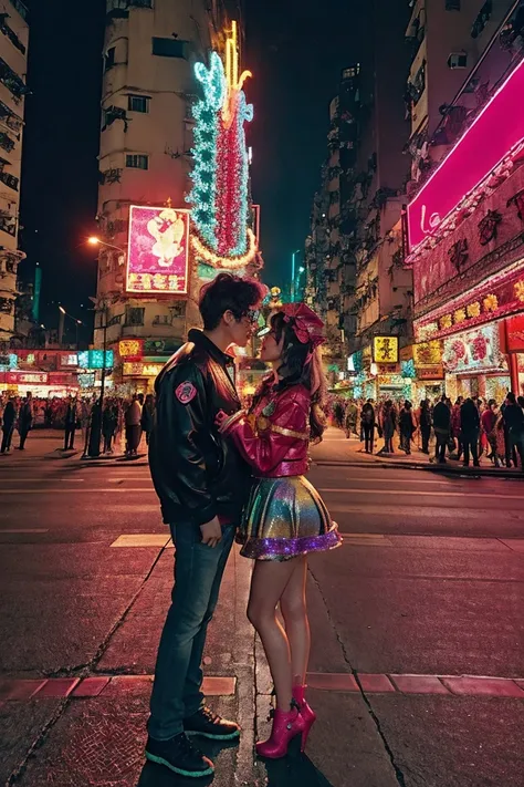 hong kong, night, (giant moon in the sky, gaint moon:1.5, man holding a girl hands and look each other deeply in heart and whisp...