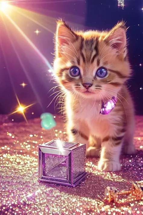 Granulation Techniques。Sparkling Background, Colorful light particles sparkling like diamonds。Many jewels lined up, The theme color is ultra pink, Beautiful detailed treasure chest, A kitten lies in a treasure chest., Realistic paintings by Brian Thomas, t...