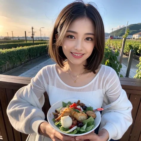 （Realistic:1.1）,(masterpiece,Highest quality)，8k,(56 years old), 53 years old, ベリーslimボディ、slimカップル、Tight waist,Upper Body,full-course dinner、wine 、Amazing view of the sunset sky and clouds、Perfect Anatomy, Brown Hair, short hair,Random Hairstyles,((Highly ...