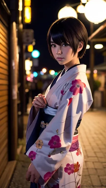 a girl with short hair, wearing kimono, at night, makoto shinkai style