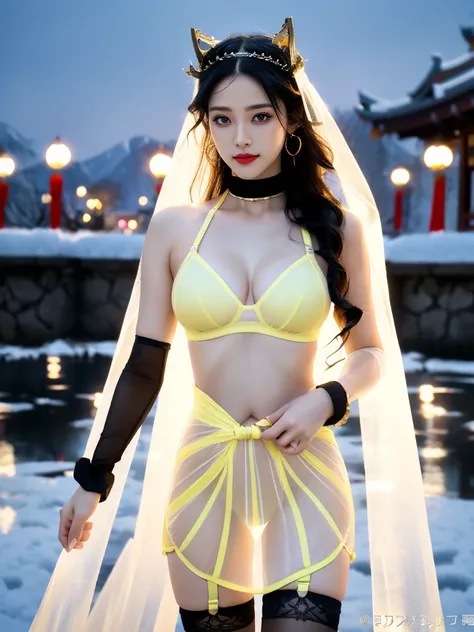 A female model, (Race:Chinese),((night, Snowy mountain hot spring, moonlight, snow)), (8K Ultra HD, 8K, Ultra-high resolution, best quality, masterpiece, Surrealism, Digital SLR Camera, Soft Light, Bokeh, Masterpieces), ((((Beautiful model-like face))), (C...