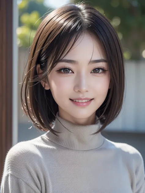 Realistic, masterpiece, Highest quality, Highest Resolution, A portrait of a Japanese woman depicting only the upper body, Happy smile, Slightly to the side, Definitely watching the audience, Beautiful attention to detail, Iris, (Hidden eyelid wrinkles:1.2...