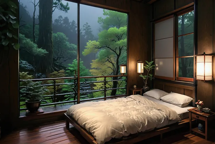 bed in the bedroom next to the window, detailed matte image, inspired by kanō hōgai, large window overlooking the forest at nigh...