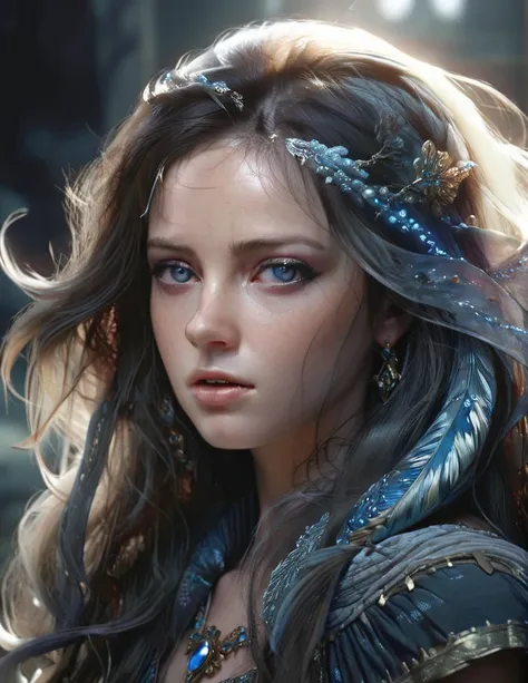 mystical female protagonist, intricate fantasy dress, glowing ethereal aura, detailed ornate headpiece, sweeping dramatic cape, enchanting eyes, porcelain skin, flowing hair, serene expression, dark moody lighting, cinematic dramatic atmosphere, vibrant je...