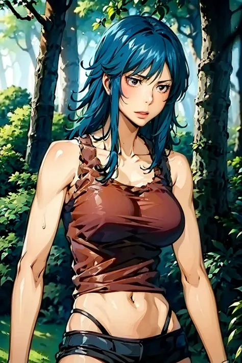 red eyes, blue hair, long hair, messy hair, (((red tank top))), navel, bare shoulder, hair between eyes, accurate face parts, pe...