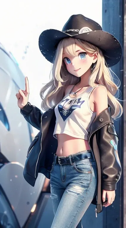 1 girl, masterpiece, macross delta splash art,  Highest quality, White tank top, abdomen, short blue jeans, Small breasts, Cowboy hat, hip gun holster, Very sophisticated gun, Realistic guns, Colt Peacemaker in hand, Point the gun forward, Sheriff Badge, B...