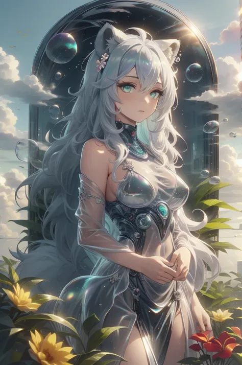 (best quality,masterpiece,absurbres,super-resolution),bubblytech,scifi,transparent,iridescent,see-through,inflated,1girl,,white hair,wavy hair,open forehead,green eyes,narrow pupils,lion ears,white lion ears,lion tail,tropic garden,flowers,