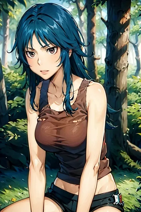 red eyes, blue hair, long hair, messy hair, (((red tank top))), navel, bare shoulder, hair between eyes, straight hair,