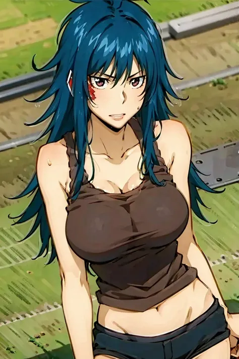 red eyes, blue hair, long hair, messy hair, (((red tank top))), navel, bare shoulder, hair between eyes, straight hair, gleaming kin, oil skin, shiny skin, sweat, wet skin, large breasts, cleavage, 