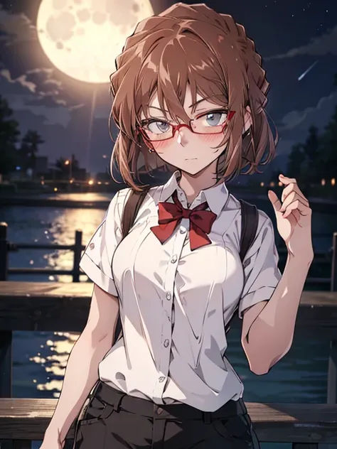 moon, red bow tie, black-rimmed glasses, blush, confession, (moonlit confession:1.5), the background is the seaside park, cute, ...