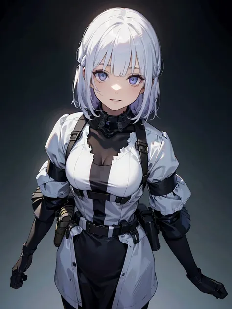 RPK-16,Shooting guns, hair is white, In the spotlight, The background is a dark and desolate landscape, Horror movie atmosphere. Her figure is very beautiful, Emphasizing the dark and crazy elements. Skillfully expressing the effects of light and shadow, d...