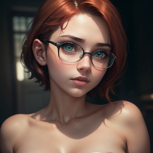 young naked 15 year old girl, beautiful detailed green eyes, metal frame glasses, beautiful detailed lips, beautiful detailed short red hair, very detailed face and eyes, long eyelashes, small nose, soft skin, Innocent expression, saliva, penis in mouth, C...