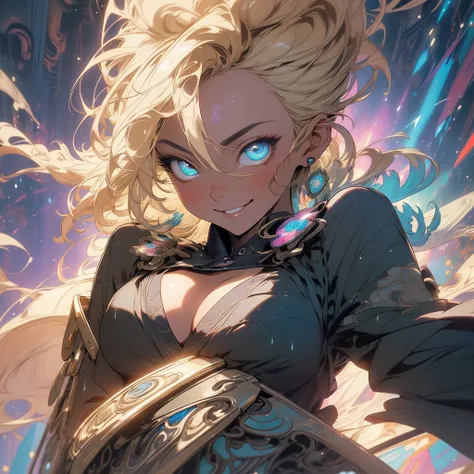 (((highest quality))),(((fine eyes))),(((32K))),(1 dark skinned girl),Fancy blonde,(tattoo),cyber punk,kimono,((luxurious and gorgeous)),shiny skin,earrings,Stylish costumes,((Super beautiful)),(perfect face),Japanese sword,ultimate texture,official art,Uk...