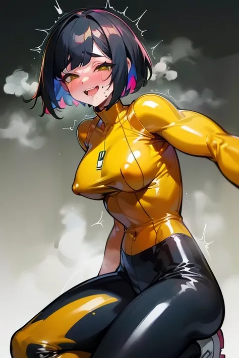 software, (Yellow latex suit on the upper body,The lower body is black latex pants）White sneakers,Ahegao, Open your mouth,smile,Happy expression,Drooling,Dripping Sweat, trembling, Quite a lot of steam,Highest quality,Black Hair,Inner Color,Red lipstick,Pi...