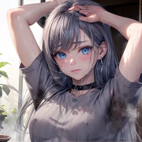 NSFW、Highest quality, wonderful_delicate, beautiful, 8k, Prime Lenses、Grey Hair、The best beautiful girl、15 years old、Big Blue Eyes、Long eyelashes、Small Face、Grey Shirt、Earrings, choker, (((Sweat)))、((脇のSweat染み))、(((Body odor)))、Embarrassing、