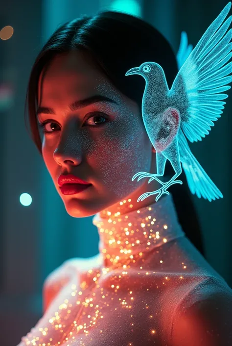 Hologram of a woman and a bird mixed together, Stylish aesthetics, crazy woman, Model is watching the viewer, Gucci Colors, Extremely detailed, Movie, Movie Stills, Practical, 35 mm, 1.四 f, 8K