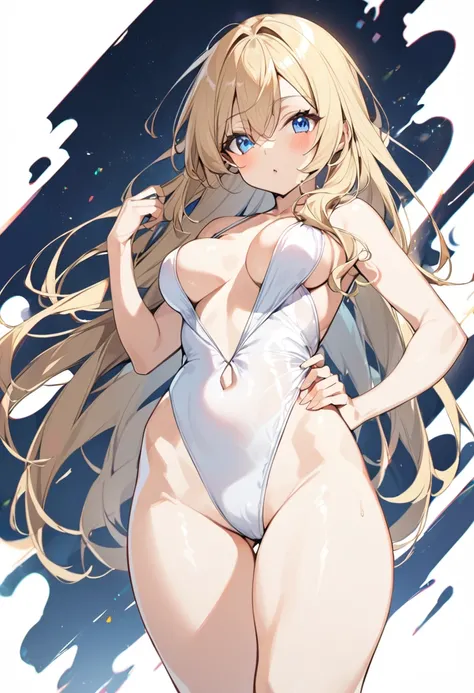 One girl, medium long hair, blonde, blue eyes, youthful appearance, slightly large breasts, (slightly large breasts: 1.4), V-front micro plunge swimsuit, (White V-front micro plunge swimsuit),