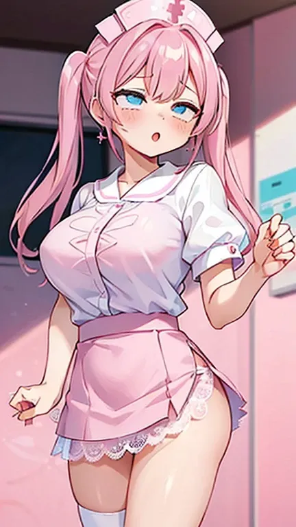 (masterpiece、Highest quality、Very detailed)、((1 girl))、((Pink Hair))、((Twin tails))、((Bright Blue Eyes))、((Ahegao))、((Roll your eyes))、vapor、Earrings、((Very large breasts))、Nurse cap、((White shirt nurse uniform))、((mini skirt))、((Pencil Skirt Lift))、((Pink...