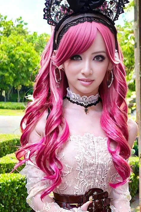 sexy stylish Spanish model, only 1 female, ((doll-like appearance)), long neon pink stylish hair, ((ultra detailed Victorian-Style boots)), beautiful smile, ultra detailed eyes, vivid eye makeup, lipgloss, long lashes, defined eyebrows, ((sexy Paradise Kis...