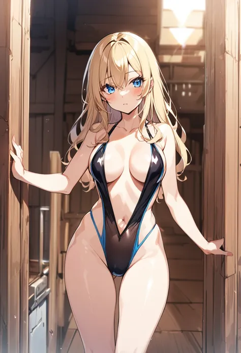 One girl, medium long hair, blonde, blue eyes, youthful appearance, slightly large breasts, (slightly large breasts: 1.4), V-front micro plunge swimsuit, (see-through V-front micro plunge swimsuit),