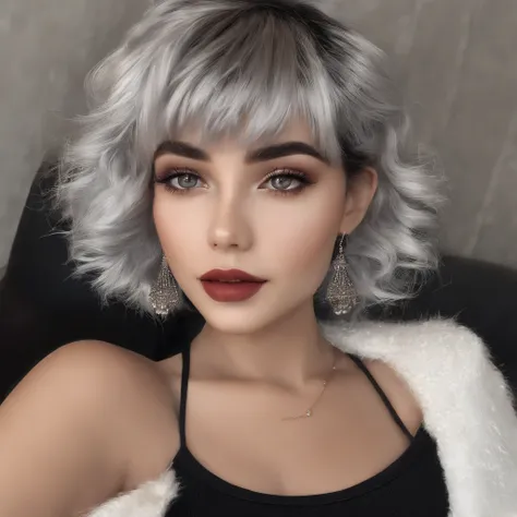 (best quality, masterpiece), 1girl, beautiful girl, brown_eyes, ((hair color [Silver hair], [pixie cut with bangs] hair)), earrings, lips, short sleeves,realistic, narrow waist, charming, colorful makeup, long eyelashes, fair skin, (cute), (detailed face),...