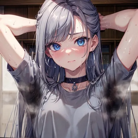 NSFW、Highest quality, wonderful_delicate, beautiful, 8k, Prime Lenses、Grey Hair、The best beautiful girl、15 years old、Big Blue Eyes、Long eyelashes、Small Face、Grey Shirt、Earrings, choker, (((Sweat)))、((脇のSweat染み))、(((Body odor)))、Embarrassing、