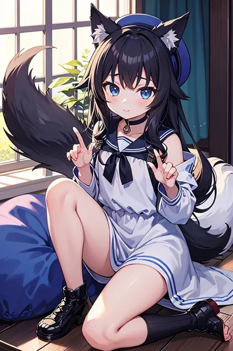 anime style,1person,fenrir shota,long hair,black hair,cute girlish boy,wolf ear and tail,short child,light_blue smock, yellow hat,young pretty boy,take pose,erotic ass,erotic thigh,