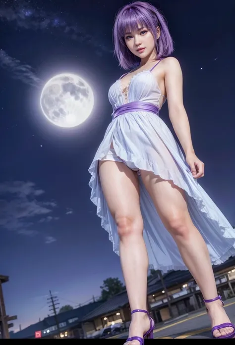 Ayane, purple hair, red eyes, (best quality, ultra-detailed), (realistic:1.37), beautiful and detailed face, ultra-realistic texture, delicate face, delicate body, red lipstick, long-lasting colors. high definition, 8K. expression with a sexy look