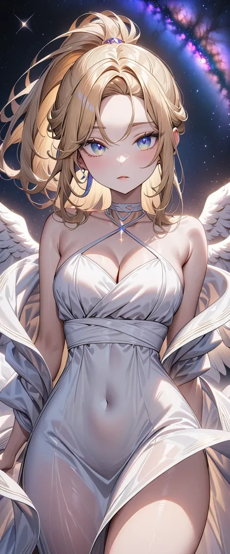 masterpiece　Very detailed　aldult　Ultra-high resolution　Higher resolution　Highest quality　Super detailed　Vivid Color　detailed woman　High quality　8k　Goddess Athena　beautiful　Gal with light makeup　Pure white cloth　((mini skirt))　Thighs　((Flowing dress:1.2))　G...