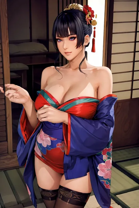 nyotengu, courtesan outfit, kimono, thighhighs, japanese hair ornaments, bare shoulders