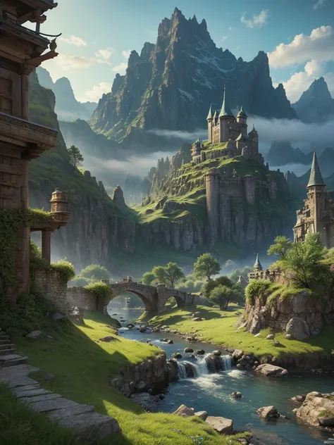 DragonQuestⅣ,ミネア,detailed fantasy landscape,detailed ancient medieval castle,detailed fantasy architecture,detailed lush green forest,detailed fantasy mountains,detailed fantasy river,detailed fantasy clouds,detailed fantasy sky,detailed fantasy lighting,d...