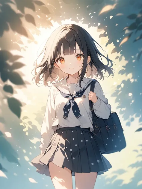 Anime Style, Super precise illustration, Very detailed, beautiful, 8k,1 cute girl,(cute:1.3),Black Hair,short straight bangs, smile,Orange eyes, stylish, Trendy clothes,(Spotted sunlight:1.2),Blurred,(Written boundary depth:1.1),Tilt your head,mini skirt,｛...