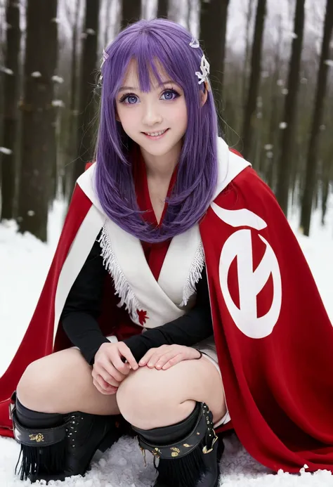 aihoshino, Ai Hoshino, Long Hair, bangs, (Purple eyes:1.1), Purple Hair, (Symbol-shaped pupil:1.5), smile,,smile,blush,white breath,
Open your mouth,snow,Ground bonfire, Outdoor, boots, snowing, From the side, wood, suitcase, Cape, Blurred, , forest, White...