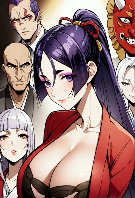 
masterpiece、Highest quality、One mature woman、Raikou、A motherly smile、Big Breasts、Purple Hair、Simakos、One girl、oni mask、Yakuza、older sister、Sharp eyes、Colorful eyeshadow、Facial scars、Staring at the audience、red kimono、ponytail、bangs、White Hair、Bangs&#39; B...